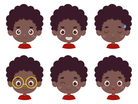 Cute cartoon little kid african boy in various expressions and gesture. Cartoon child character showing different emotions. vector illustration.のイラスト素材