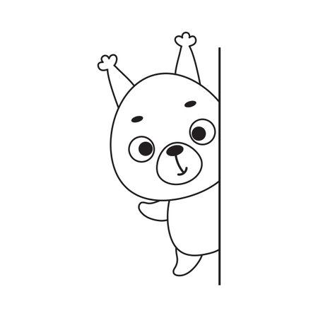Coloring page cute little squirrel peeking around corner. Coloring book for kids. Educational activity for preschool years kids and toddlers with cute animal. Vector stock illustration.のイラスト素材