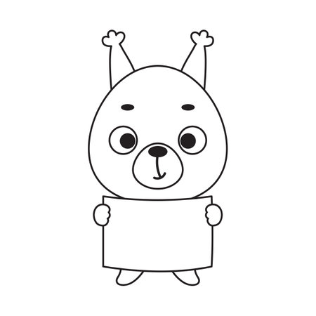 Coloring page cute little squirrel holds paper sheet. Coloring book for kids. Educational activity for preschool years kids and toddlers with cute animal. Vector stock illustration.のイラスト素材