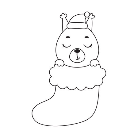 Coloring page cute little squirrel in Christmas sock. Coloring book for kids. Educational activity for preschool years kids and toddlers with cute animal. Vector stock illustration.のイラスト素材