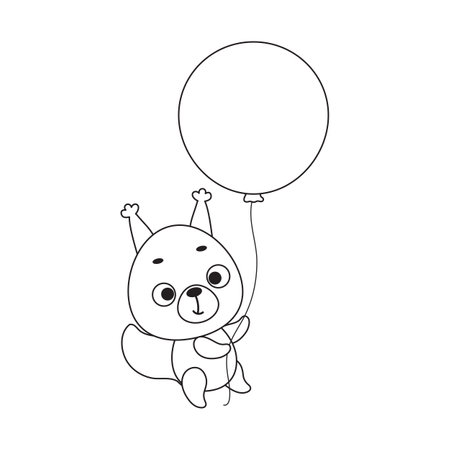 Coloring page cute little squirrel flies on balloon. Coloring book for kids. Educational activity for preschool years kids and toddlers with cute animal. Vector stock illustration.のイラスト素材
