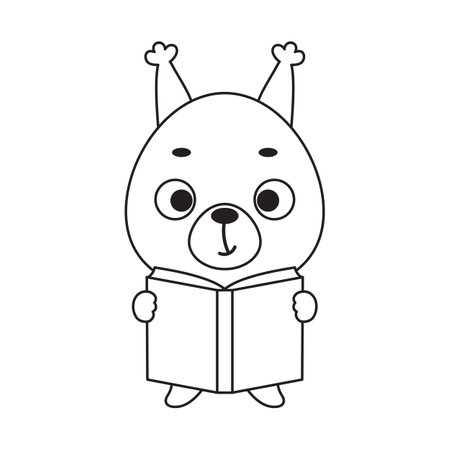Coloring page cute little squirrel reads book. Coloring book for kids. Educational activity for preschool years kids and toddlers with cute animal. Vector stock illustration.のイラスト素材