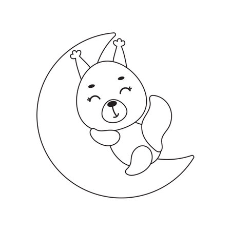 Coloring page cute little squirrel sleeping on moon. Coloring book for kids. Educational activity for preschool years kids and toddlers with cute animal. Vector stock illustration.のイラスト素材