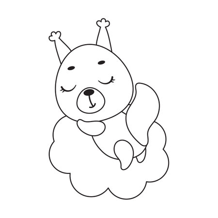 Coloring page cute little squirrel sleeping on cloud. Coloring book for kids. Educational activity for preschool years kids and toddlers with cute animal. Vector stock illustration.のイラスト素材
