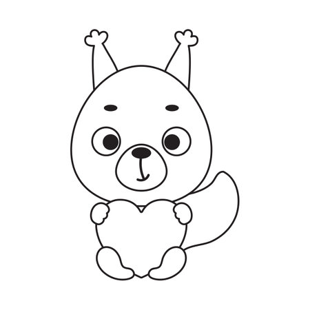 Coloring page cute little squirrel holds heart. Coloring book for kids. Educational activity for preschool years kids and toddlers with cute animal. Vector stock illustration.のイラスト素材