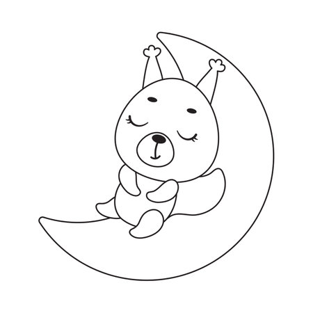 Coloring page cute little squirrel sleeping on moon. Coloring book for kids. Educational activity for preschool years kids and toddlers with cute animal. Vector stock illustration.のイラスト素材