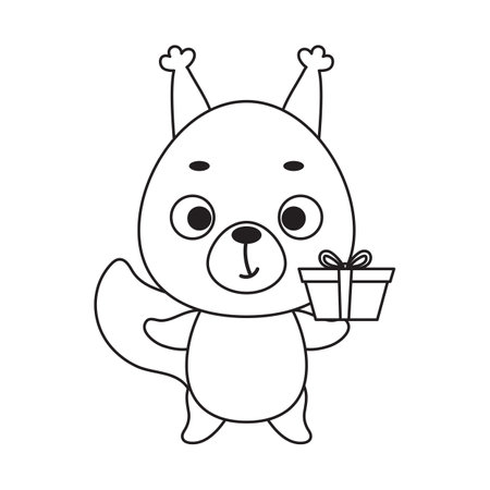 Coloring page cute little squirrel with gift box. Coloring book for kids. Educational activity for preschool years kids and toddlers with cute animal. Vector stock illustration.のイラスト素材