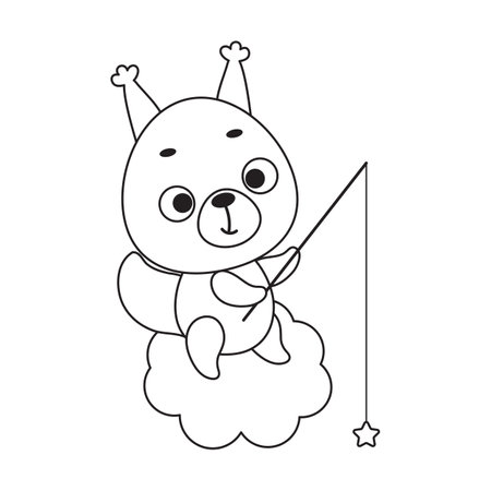 Coloring page cute little squirrel fishing star on cloud. Coloring book for kids. Educational activity for preschool years kids and toddlers with cute animal. Vector stock illustration.のイラスト素材