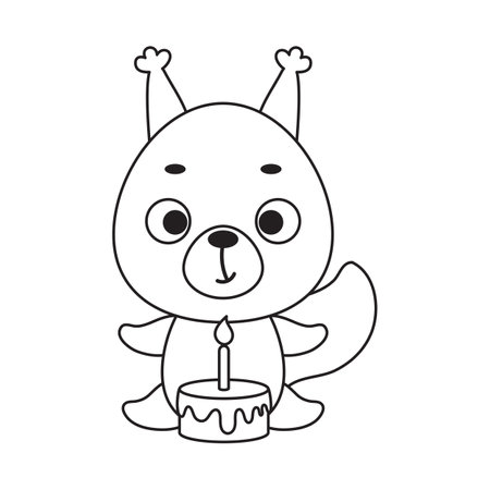 Coloring page cute little squirrel with birthday cake. Coloring book for kids. Educational activity for preschool years kids and toddlers with cute animal. Vector stock illustration.のイラスト素材