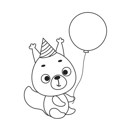 Coloring page cute little squirrel in birthday hat hold balloon. Coloring book for kids. Educational activity for preschool years kids and toddlers with cute animal. Vector stock illustration.のイラスト素材
