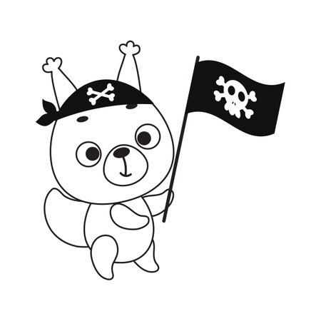Coloring page cute little squirrel with pirate flag. Coloring book for kids. Educational activity for preschool years kids and toddlers with cute animal. Vector stock illustration.のイラスト素材