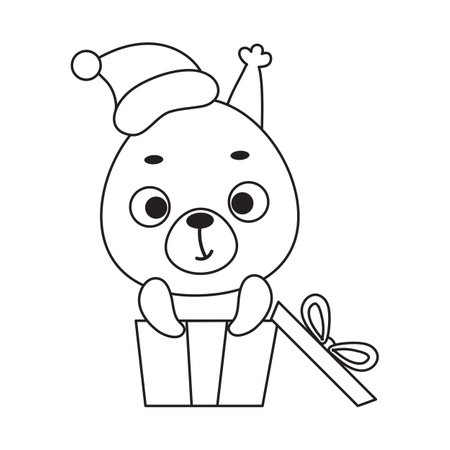 Coloring page cute little squirrel sitting in gift box. Coloring book for kids. Educational activity for preschool years kids and toddlers with cute animal. Vector stock illustration.のイラスト素材