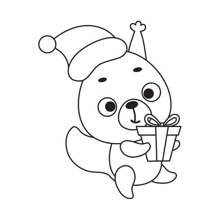 Coloring page cute little squirrel carries gift box. Coloring book for kids. Educational activity for preschool years kids and toddlers with cute animal. Vector stock illustration.のイラスト素材