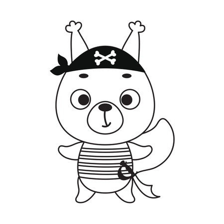Coloring page cute little pirate squirrel. Coloring book for kids. Educational activity for preschool years kids and toddlers with cute animal. Vector stock illustration.のイラスト素材