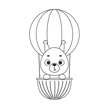 Coloring page cute little squirrel flying on hot air balloon. Coloring book for kids. Educational activity for preschool years kids and toddlers with cute animal. Vector stock illustration.のイラスト素材