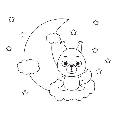 Coloring page cute little squirrel sitting on cloud. Coloring book for kids. Educational activity for preschool years kids and toddlers with cute animal. Vector stock illustration.のイラスト素材