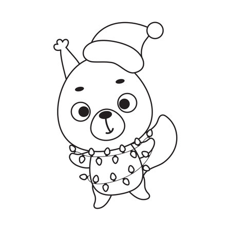 Coloring page cute Christmas squirrel with garland. Coloring book for kids. Educational activity for preschool years kids and toddlers with cute animal. Vector stock illustration.のイラスト素材