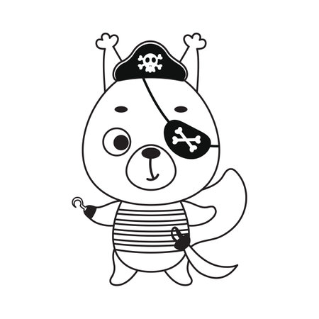 Coloring page cute little pirate squirrel with hook and blindfold. Coloring book for kids. Educational activity for preschool years kids and toddlers with cute animal. Vector stock illustration.のイラスト素材