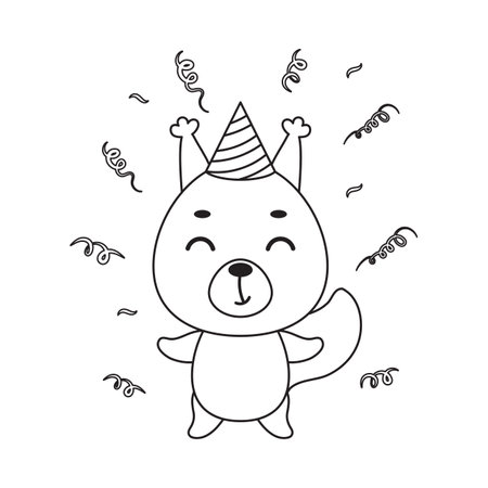 Coloring page cute little squirrel in birthday hat. Coloring book for kids. Educational activity for preschool years kids and toddlers with cute animal. Vector stock illustration.のイラスト素材