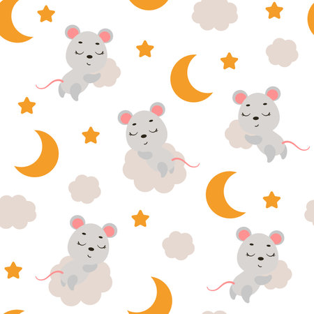 Cute little mouse sleeping on cloud seamless childish pattern. Funny cartoon animal character for fabric, wrapping, textile, wallpaper, apparel. vector illustrationのイラスト素材