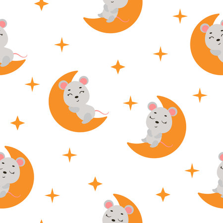 Cute little mouse sleeping on moon seamless childish pattern. Funny cartoon animal character for fabric, wrapping, textile, wallpaper, apparel. vector illustration.のイラスト素材