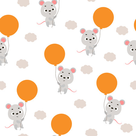 Cute little mouse flying on balloon seamless childish pattern. Funny cartoon animal character for fabric, wrapping, textile, wallpaper, apparel. vector illustration.のイラスト素材