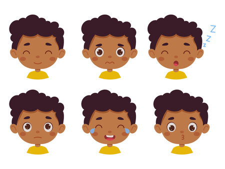 Cute cartoon little kid mulatto boy in various expressions and gesture. Cartoon child character showing different emotions. vector illustration.のイラスト素材
