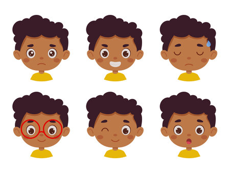 Cute cartoon little kid mulatto boy in various expressions and gesture. Cartoon child character showing different emotions. vector illustration.のイラスト素材