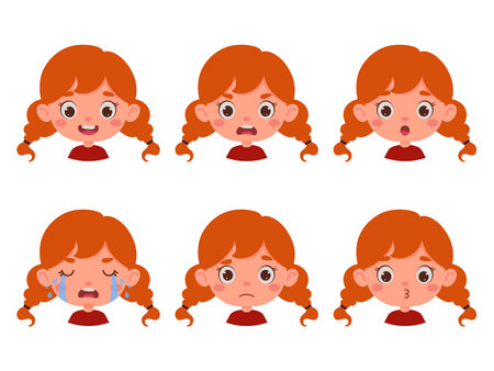 Cute cartoon little kid girl with red hair in various expressions and gesture. Cartoon child character showing different emotions. vector illustration.のイラスト素材