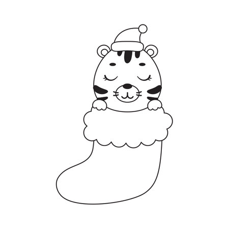 Coloring page cute little tiger in Christmas sock. Coloring book for kids. Educational activity for preschool years kids and toddlers with cute animal. Vector stock illustration.のイラスト素材