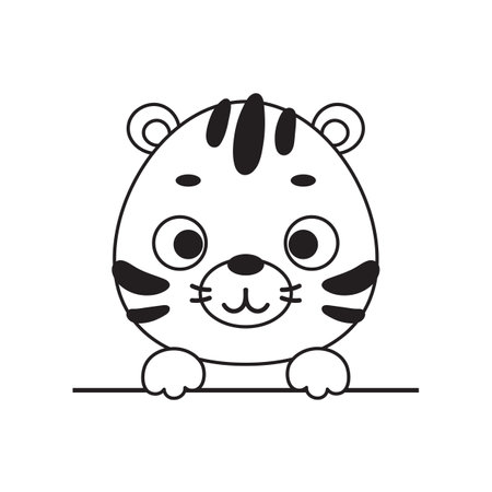 Coloring page cute little tiger head. Coloring book for kids. Educational activity for preschool years kids and toddlers with cute animal. Vector stock illustration.のイラスト素材