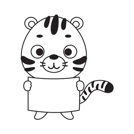 Coloring page cute little tiger holds paper sheet. Coloring book for kids. Educational activity for preschool years kids and toddlers with cute animal. Vector stock illustration.のイラスト素材