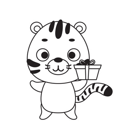 Coloring page cute little tiger with gift box. Coloring book for kids. Educational activity for preschool years kids and toddlers with cute animal. Vector stock illustration.のイラスト素材