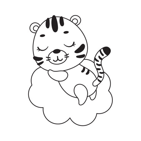 Coloring page cute little tiger sleeping on cloud. Coloring book for kids. Educational activity for preschool years kids and toddlers with cute animal. Vector stock illustration.のイラスト素材