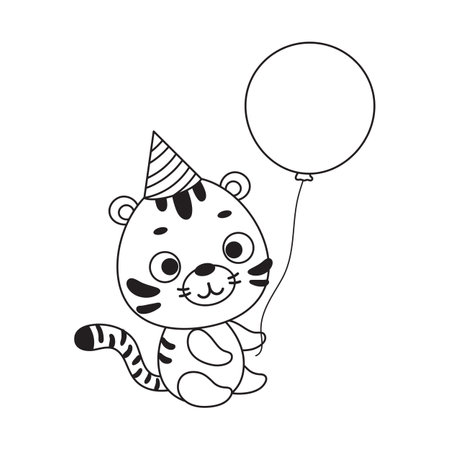 Coloring page cute little tiger in birthday hat hold balloon. Coloring book for kids. Educational activity for preschool years kids and toddlers with cute animal. Vector stock illustration.のイラスト素材