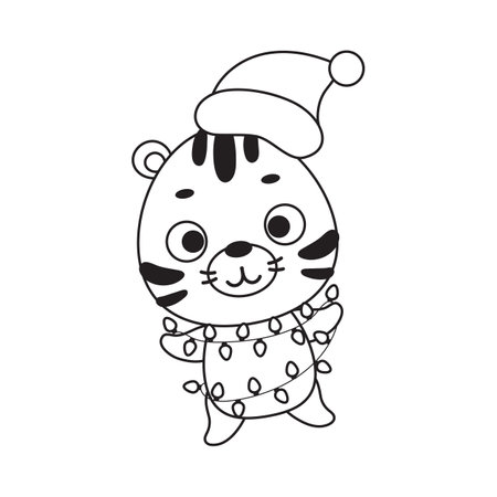 Coloring page cute Christmas tiger with garland. Coloring book for kids. Educational activity for preschool years kids and toddlers with cute animal. Vector stock illustration.のイラスト素材
