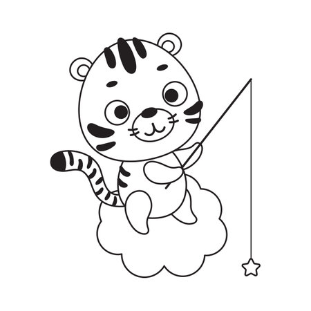 Coloring page cute little tiger fishing star on cloud. Coloring book for kids. Educational activity for preschool years kids and toddlers with cute animal. Vector stock illustration.のイラスト素材