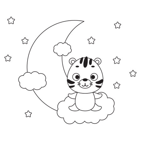 Coloring page cute little tiger sitting on cloud. Coloring book for kids. Educational activity for preschool years kids and toddlers with cute animal. Vector stock illustration.のイラスト素材