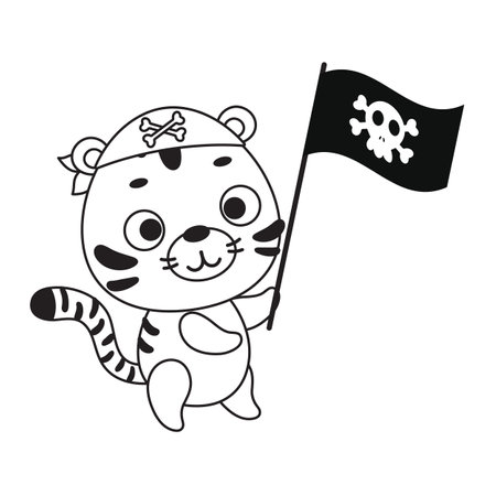 Coloring page cute little tiger with pirate flag. Coloring book for kids. Educational activity for preschool years kids and toddlers with cute animal. Vector stock illustration.のイラスト素材