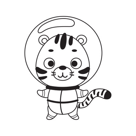 Coloring page cute little spaceman tiger. Coloring book for kids. Educational activity for preschool years kids and toddlers with cute animal. Vector stock illustration.のイラスト素材