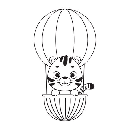 Coloring page cute little tiger flying on hot air balloon. Coloring book for kids. Educational activity for preschool years kids and toddlers with cute animal. Vector stock illustration.のイラスト素材
