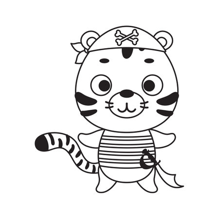 Coloring page cute little pirate tiger. Coloring book for kids. Educational activity for preschool years kids and toddlers with cute animal. Vector stock illustration.のイラスト素材