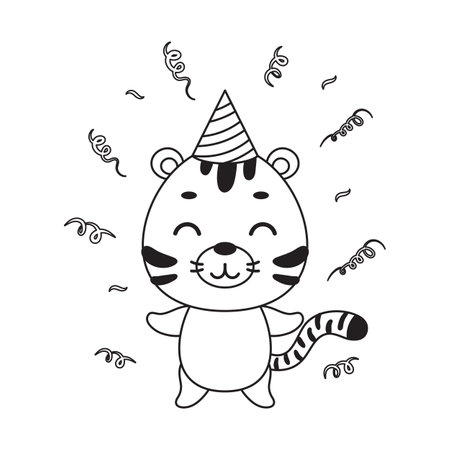 Coloring page cute little tiger in birthday hat. Coloring book for kids. Educational activity for preschool years kids and toddlers with cute animal. Vector stock illustration.のイラスト素材