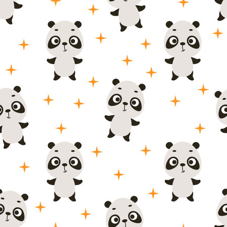 Cute little panda seamless childish pattern. Funny cartoon animal character for fabric, wrapping, textile, wallpaper, apparel. vector illustration.のイラスト素材