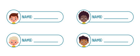 Cute kid boy name tags for school. Sticky labels set for children name. Cute cartoon kids shaped notepads, memo pad, flag markers for office school, scrapbooking, print. Vector stock illustration.のイラスト素材