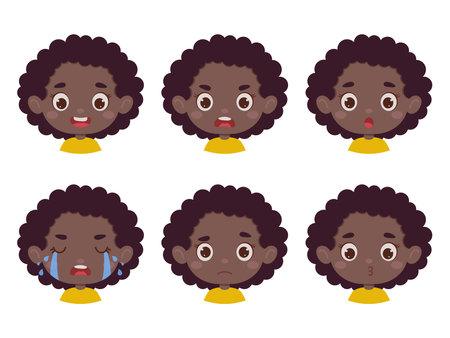 Cute cartoon little kid african girl in various expressions and gesture. Cartoon child character showing different emotions. vector illustration.のイラスト素材