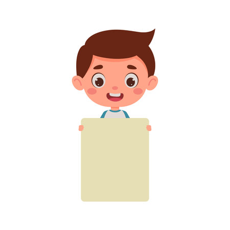 Cute little kid boy holding empty blank board. cartoon child character. vector illustration.のイラスト素材