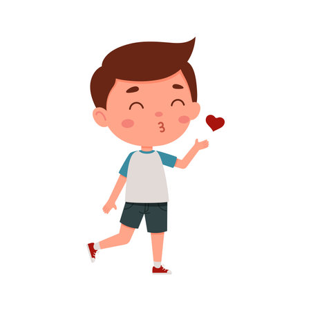 Cute little kid boy blowing a kiss. Cartoon schoolboy character show facial expression. vector illustration.のイラスト素材
