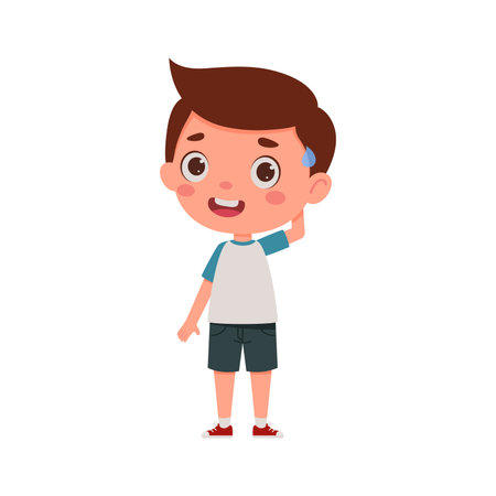 Cute little kid boy confused. Cartoon schoolboy character show facial expression. Vector illustrationのイラスト素材