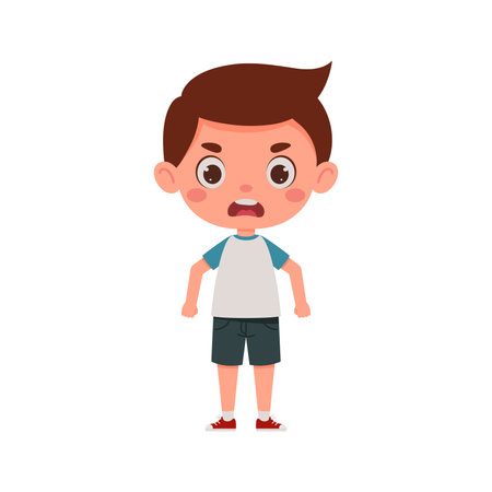 Cute cartoon little angry boy. Little schoolboy character. Vector illustrationのイラスト素材